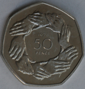 In 1973 the Royal Mint issued a special fifty pence piece to mark Britain's entry into the European Economic Community (EEC)