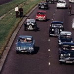 A classic dual carriage way scene from 1963 - Mini, Vauxhall Velox, Ford Classic, Ford Cortina