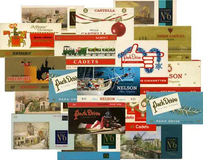 Christmas cigarette packet sleeves, 1960s and 1970s Christmas cigarette packet sleeves, 1960s and 1970s