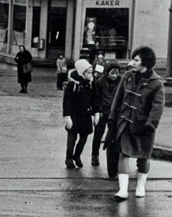 Woman wearing a classic duffle coat at Trondheim in 1966 Woman wearing a classic duffle coat at Trondheim in 1966