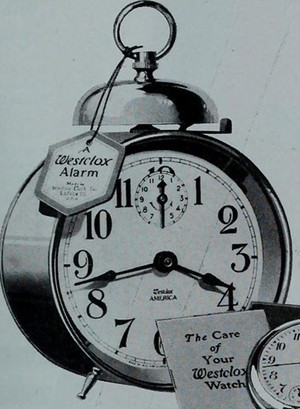 Westclox alarm clock with single bell, 1921 Westclox alarm clock with single bell, 1921