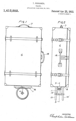 Theophilus Hokkanen's patent for suitcase with wheels, 1921 (source: google patents)