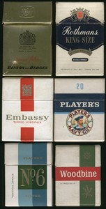 Market leading cigarettes from the 60s: Rothmans King Size, Benson and Hedges Special Filter, Embassy Tipped, Players Navy, Players No6 and Woodbine Market leading cigarettes from the 60s: Rothmans King Size, Benson and Hedges Special Filter, Embassy Tipped, Players Navy, Players No6 and Woodbine
