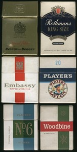 Market leading cigarettes from the 60s: Rothmans King Size, Benson and Hedges Special Filter, Embassy Tipped, Players Navy, Players No6 and Woodbine