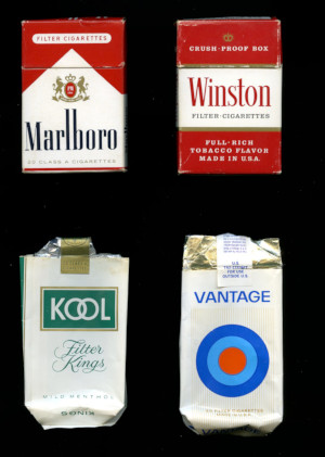Popular cigarette brands from the 1970s: Marlboro, Winston, Kool and Vantage Popular cigarette brands from the 1970s: Marlboro, Winston, Kool and Vantage