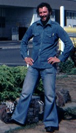 Flared jeans, denim shirt, 1977
