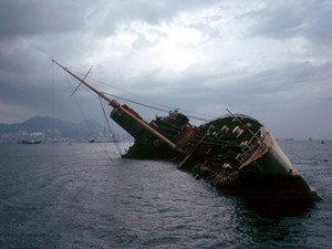 The wreck of Seawise University, formerly RMS Queen Elizabeth in Kong Kong Harbour, 1972